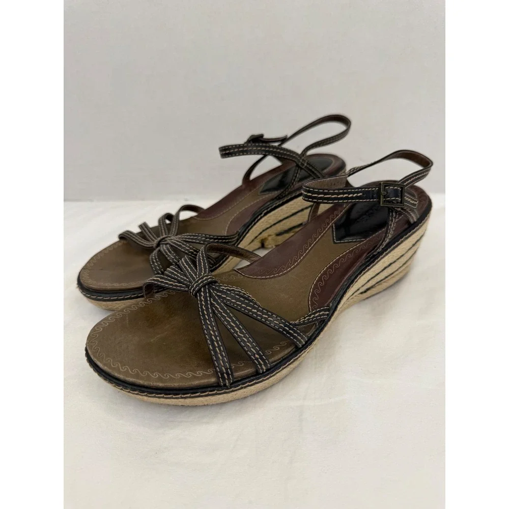 Clarks Artisan Brown Leather Strappy Espadrille Wedge Sandals Heel 3in‎